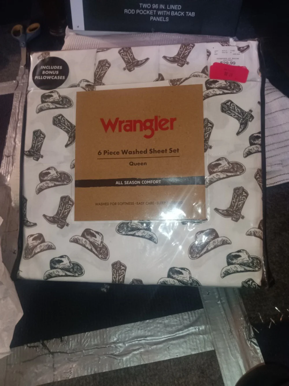 Wrangler Cowboy Hat Print Queen Sheet Set - White with Brown Print